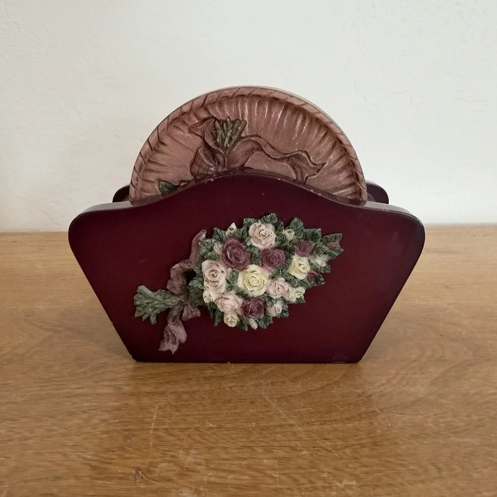 Vintage 3D Rose Bouquet‎ Coaster Set with Matching Holder